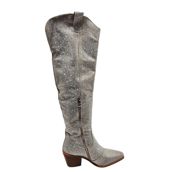 Rhinestone Embellished Silver Western Style Knee-High Boots Block Heel Size 6 - Picture 7 of 12